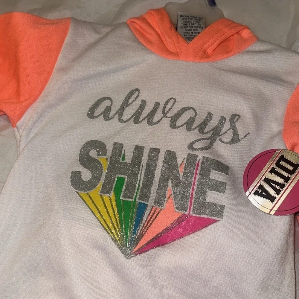 Diva Girls Neon Orange White Always Shine Glitter Hoodie Jogger Set Size 4/5 XS